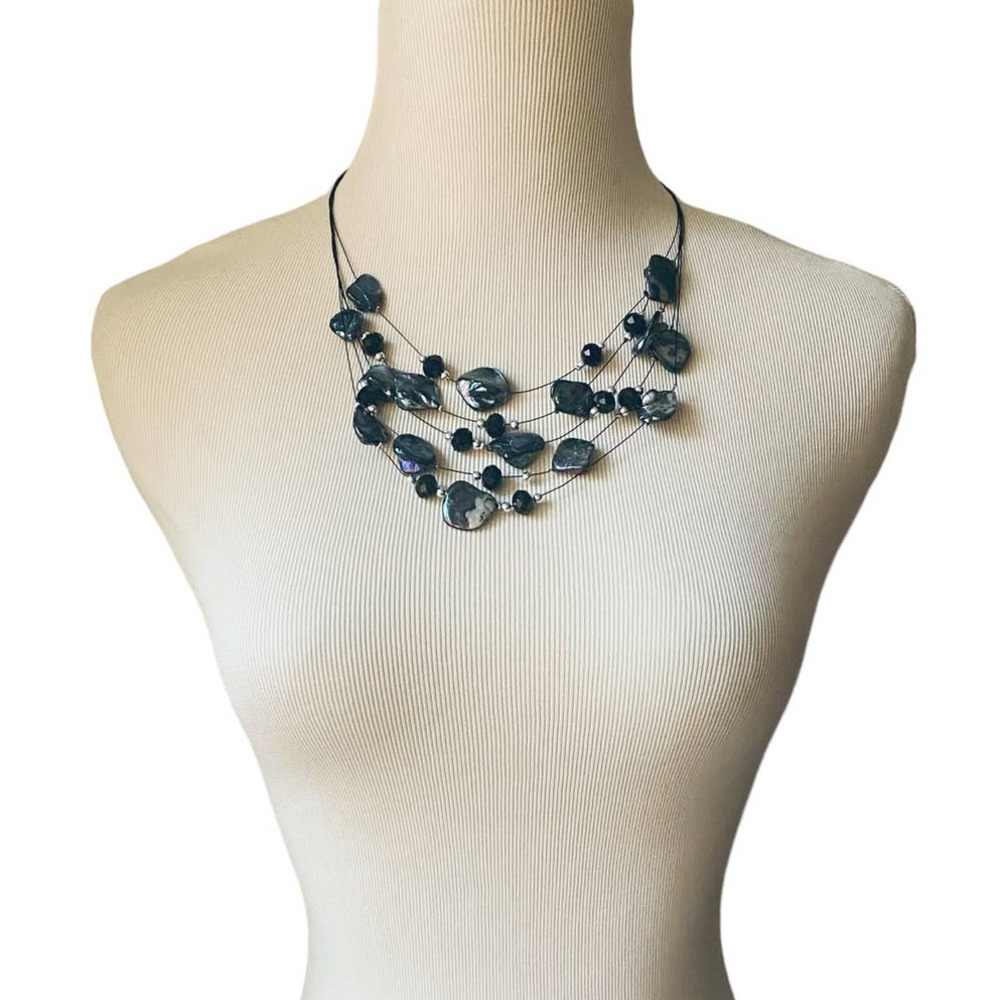 Artisan Made Baroque Blue Keshi Pearl Necklace Five Strand Black Beads Boho Chic